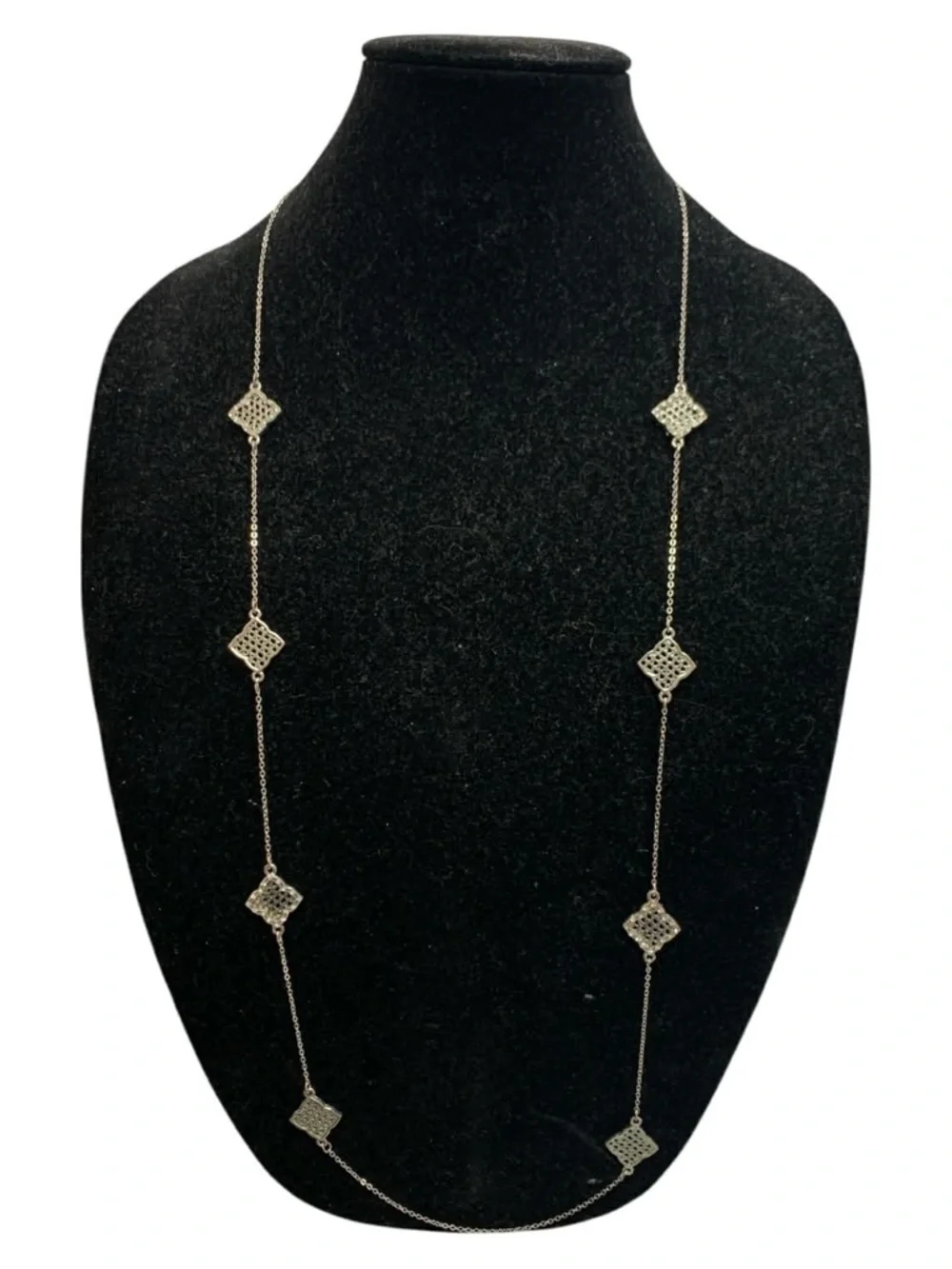 Delicate Silver Filigree Station Necklace - Long Fashion Layering Chain - Picture 1 of 1